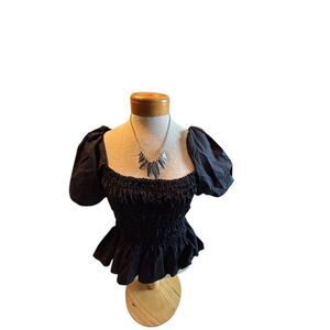 ASTR The Label Womens Black Puff Sleeve Smocked Crop Top Size S Cotton/Polyester